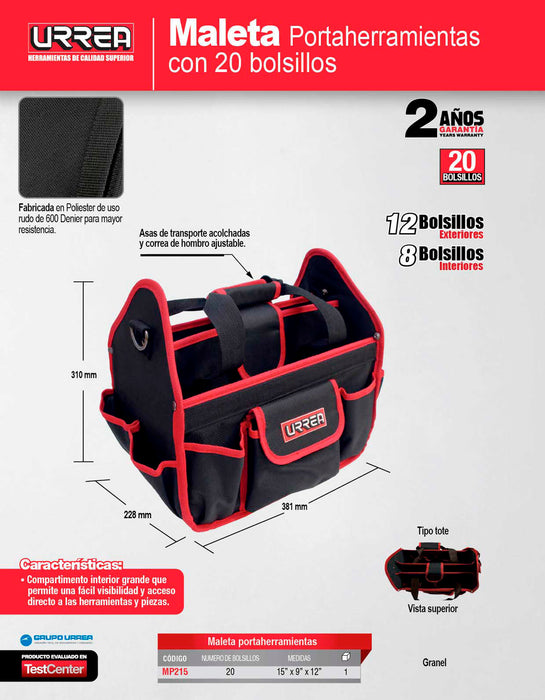 Maleta portaherramientas de poliéster 15" x 9" x 12" Urrea