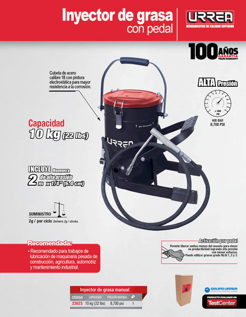 Inyector de grasa con cubeta de alta presión con pedal de 10 kg, 8,700 PSI Urrea