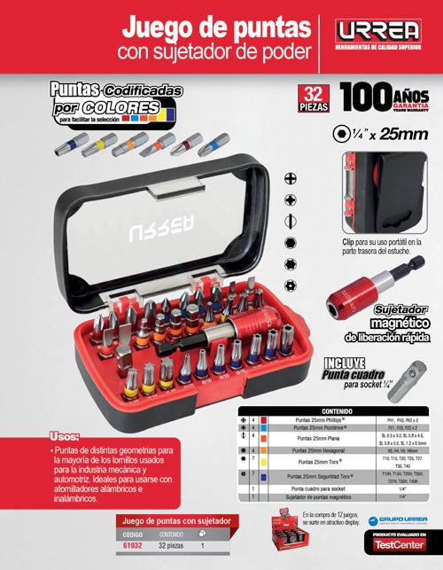 Juego combinado de puntas hexágono de 1/4" con accesorios de poder, 32 pz en caja plástica Urrea