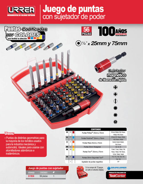 Juego combinado de puntas hexágono de 1/4" con adaptador magnético de poder, 56pz en cajaP Urrea