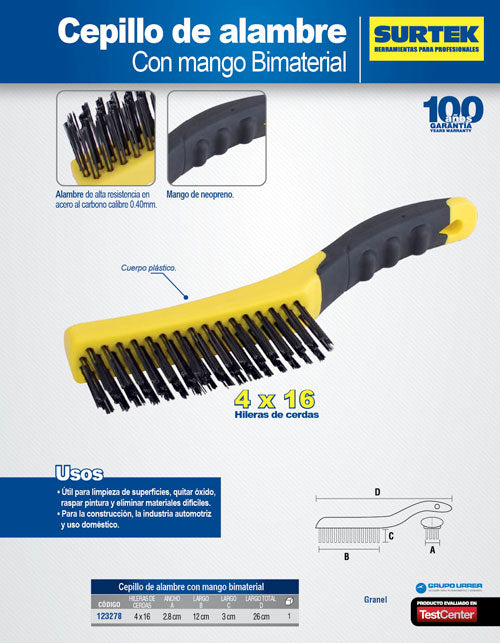 Cepillo de alambre de acero al alto carbón con 4x16 filas de pinceles con mango bimaterial Surtek