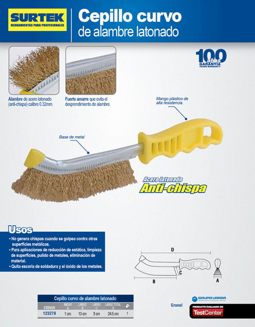 Cepillo de alambre de acero latonado anti-chispa con mango curvo Surtek