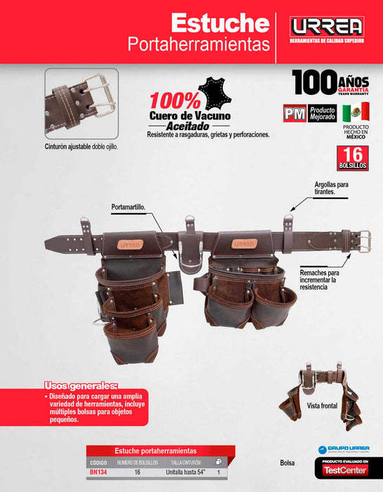 Portaherramientas de piel con cinturón 16 bolsillos Urrea