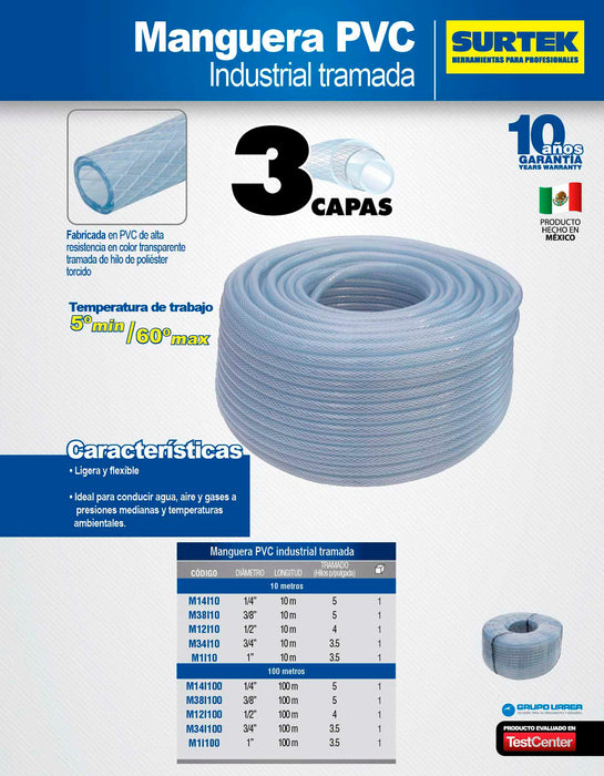 Manguera industrial tramada en rollo 1/2" x 100 m Surtek