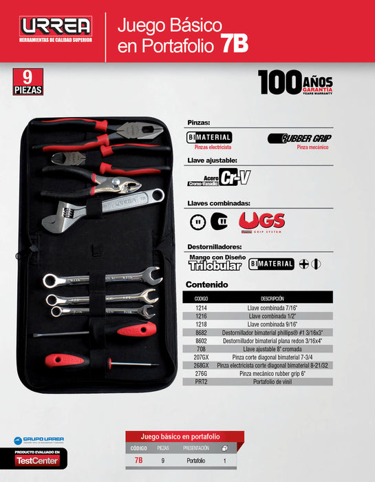 Juego combinado de herramientas 9 piezas, con portafolio Urrea