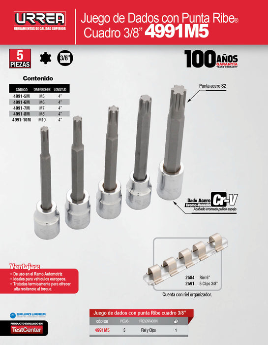 Juego de dados con punta ribe cuadro de 3/8", 5 piezas Urrea