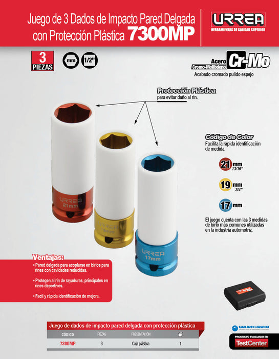 Juego de dados de impacto métricos cuadro de 1/2" con protección Nylamid, 3 piezas Urrea