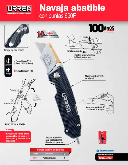 Navaja utilitaria abatible con puntas de 7-1/4" Urrea