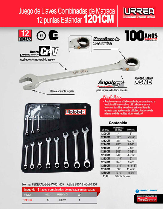 Juego de llaves combinadas pulido espejo de matraca en pulgadas,12 puntas,12 pz en estuche Urrea