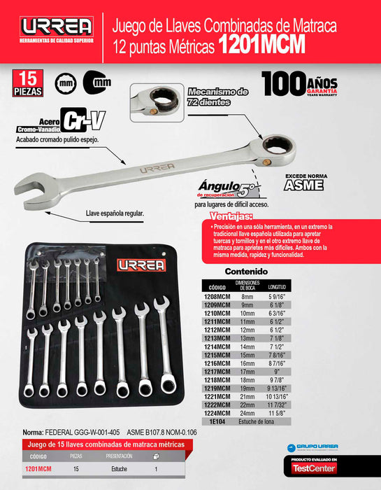 Juego de llaves combinadas pulido espejo de matraca mét, 12 puntas, 15 piezas en estuche Urrea