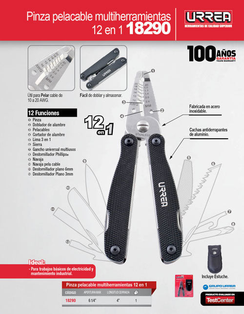 Pinza multiherramienta 12 en 1 de 6" pela cable Urrea