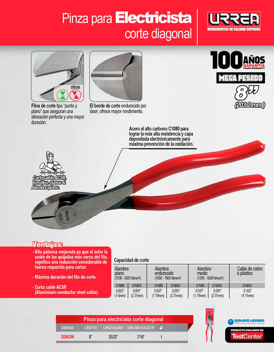 Pinza para electricista con mango rubber grip de 8" corte diagonal alta palanca Urrea
