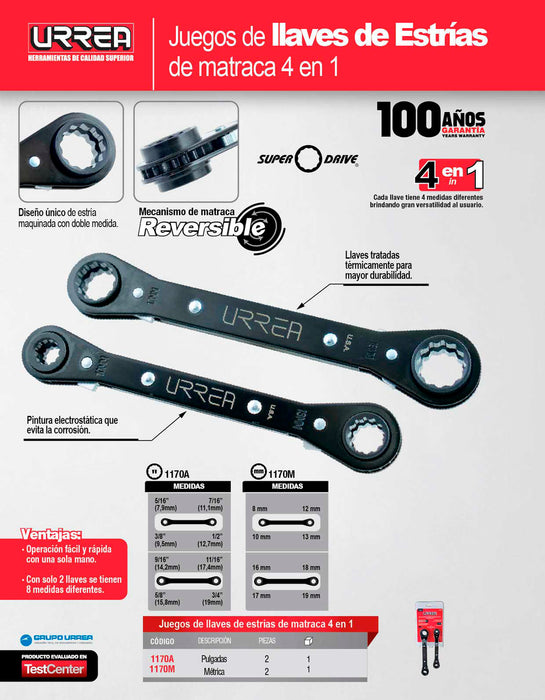 Juego de llaves de estrías de matraca reversible 4 en 1 métricas, 12 puntas, 2 pz en rack Urrea