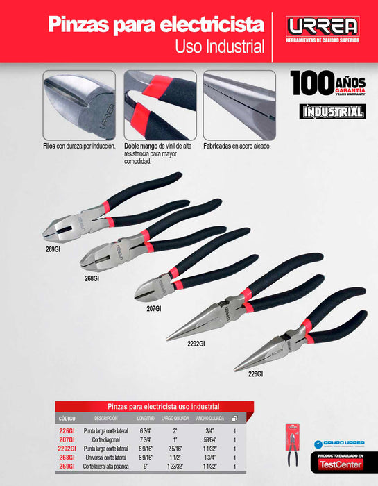 Pinza para electricista con mango rubber grip de 8-9/16" punta larga corte lateral Urrea