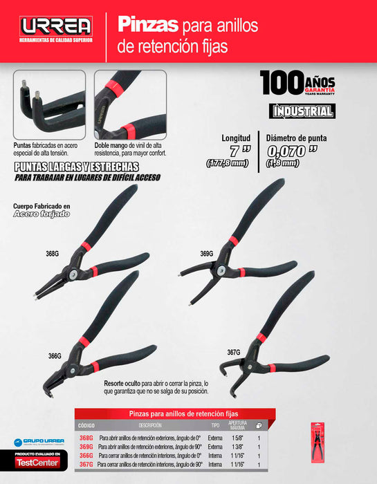 Pinza para anillos de retención con mango de vinil forjadas tipo externo ángulo de 0° Urrea