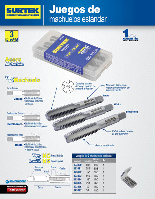 Juego de machuelos de acero al carbón 5/16"-18NC, 3 piezas Surtek
