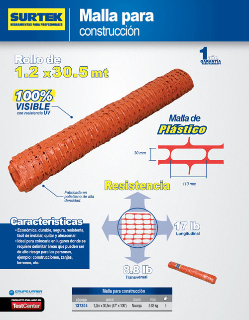 Malla para construcción de polietileno de alta densidad de 1.2 por 30.5 m Surtek