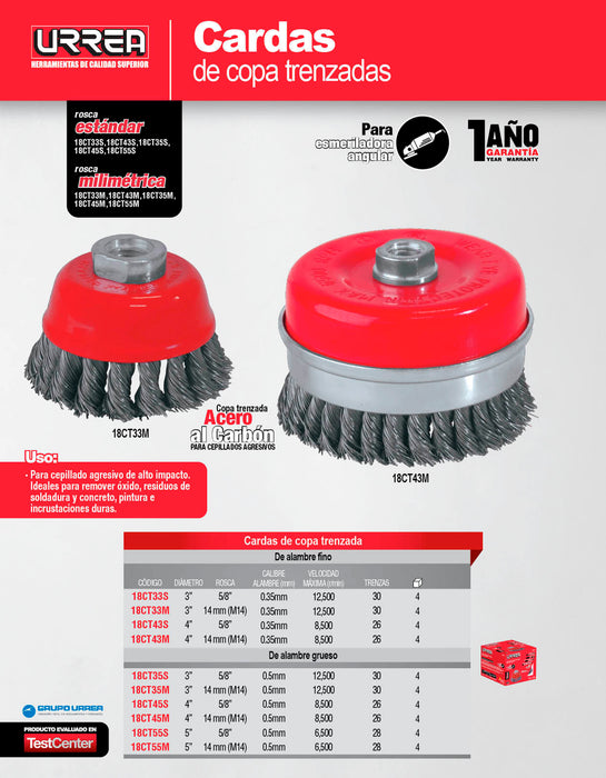 Carda copa trenzada alambre grueso 5" x 0.50 mm con rosca M14 Urrea