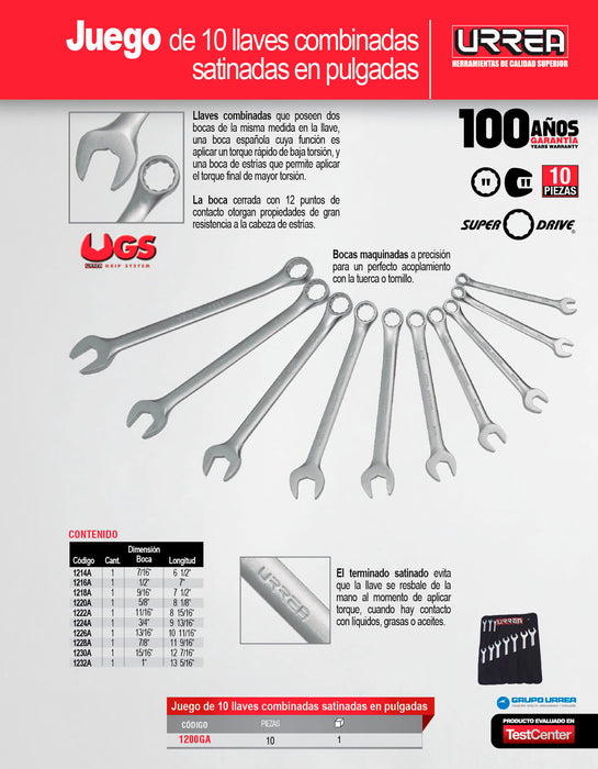 Juego de llaves combinadas satinadas en pulgadas, 12 puntas, 10 piezas en estuche Urrea