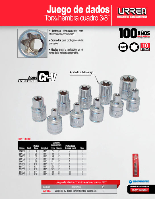 Juego de dados torx hembra cuadro de 3/8", 10 piezas Urrea