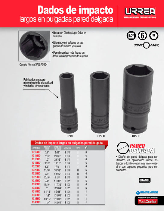 Dado de impacto pared delgada cuadro de 1/2", 6 puntas, en pulgadas, 1-1/16" Urrea