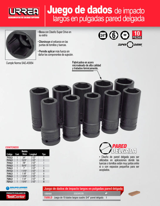 Juego de dados largos de impacto pared delgada cuadro de 3/4", en pulgadas, 10 piezas Urrea