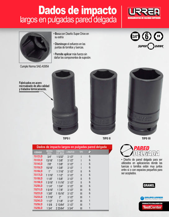 Dado de impacto largo pared delgada cuadro de 3/4", 6 puntas, en pulgadas, 1-3/8" Urrea