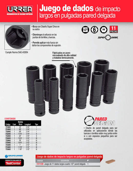 Juego de dados de impacto largos pared delgada cuadro de 1/2", 6 puntas, en pulgadas, 11pz Urrea