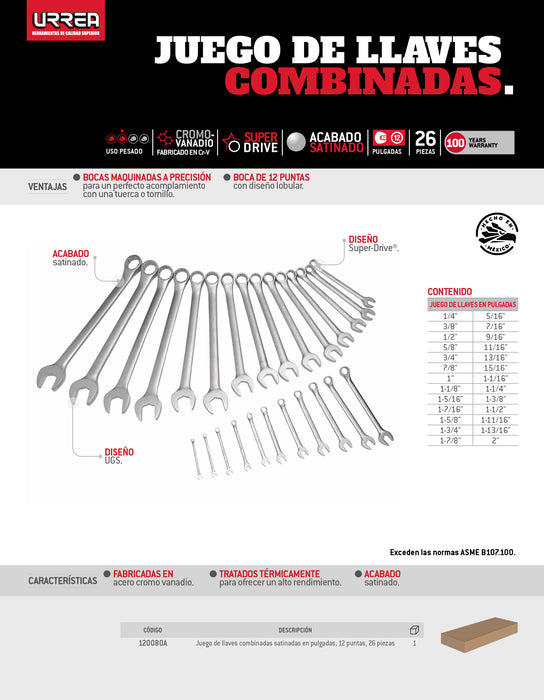 Juego de llaves combinadas satinadas en pulgadas, 12 puntas, 26 piezas en caja Urrea