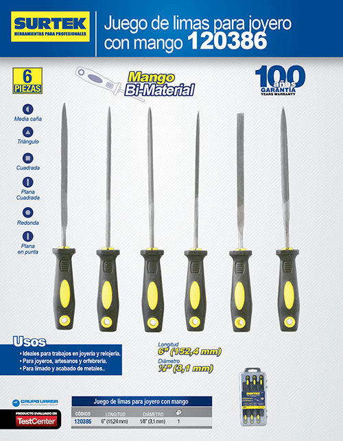 Juego de limas combinadas con mango bimaterial para joyero, 6 piezas Surtek