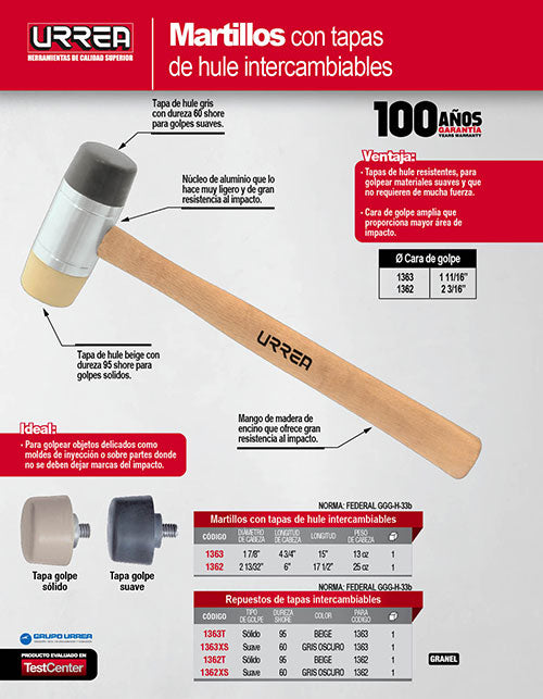 Martillo con tapas plásticas intercambiables con mango de madera de 16", 13 oz Urrea