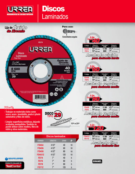 Disco laminado tipo 29 grano 60, 4-1/2" Urrea
