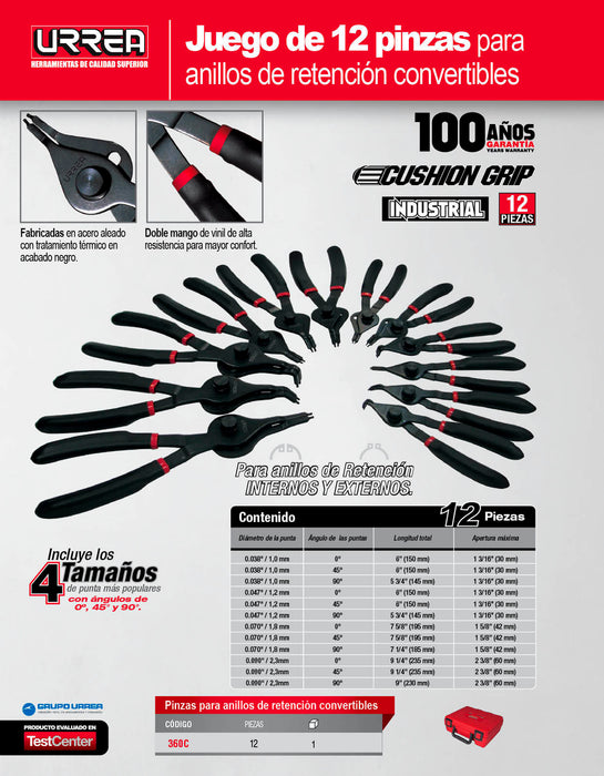 Juego de pinzas para anillos de retención, 12 piezas Urrea