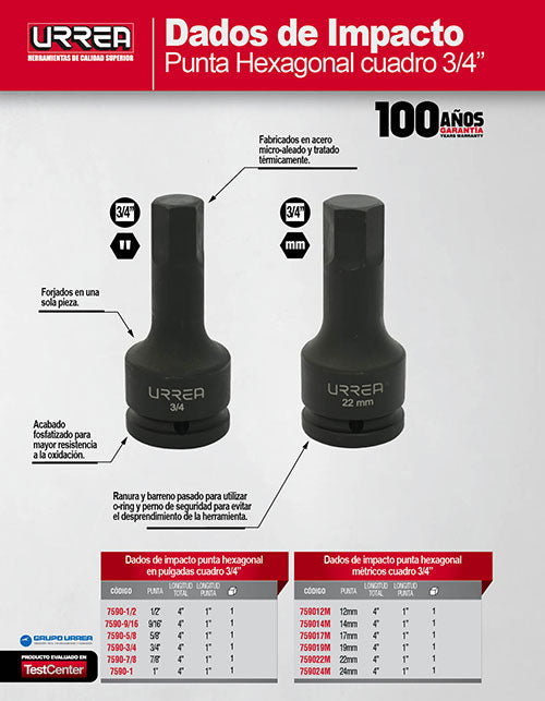Dado de impacto con punta hexagonal cuadro de 3/4", en pulgadas, 5/8" Urrea