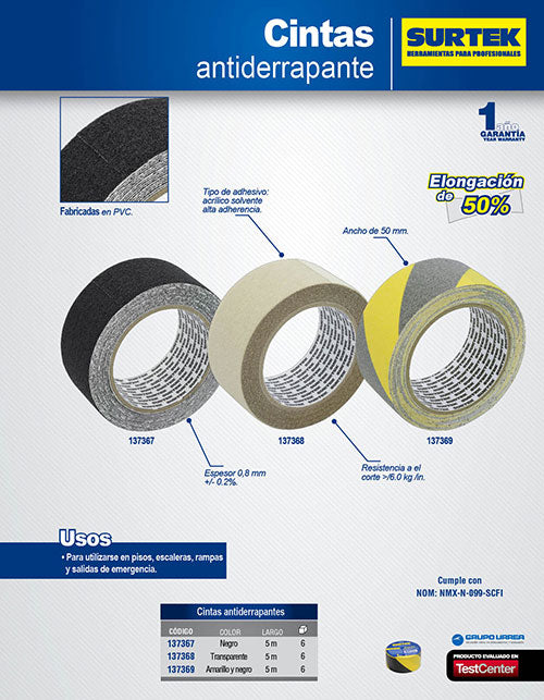 Cinta antiderrapante ancho 48 mm de 5 m, color negro Surtek