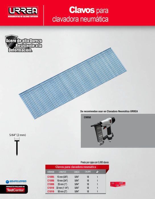 Clavos para clavadora neumática calibre 18, largo 1" Urrea