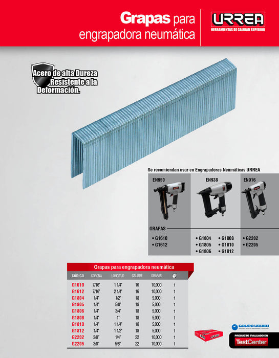 Grapas para engrapadora neumática calibre 16, corona 7/16", largo 1-1/4" Urrea