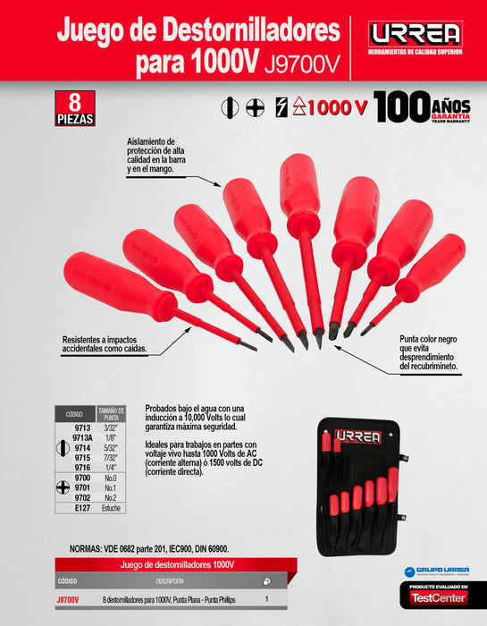 Juego de destornilladores rojos 1000 V combinados, 8 piezas Urrea