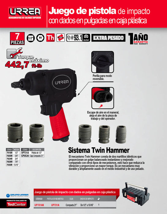 Juego de pistola de impacto neumática cuadro de 1/2" y accesorios en pulgadas, 7 piezas Urrea