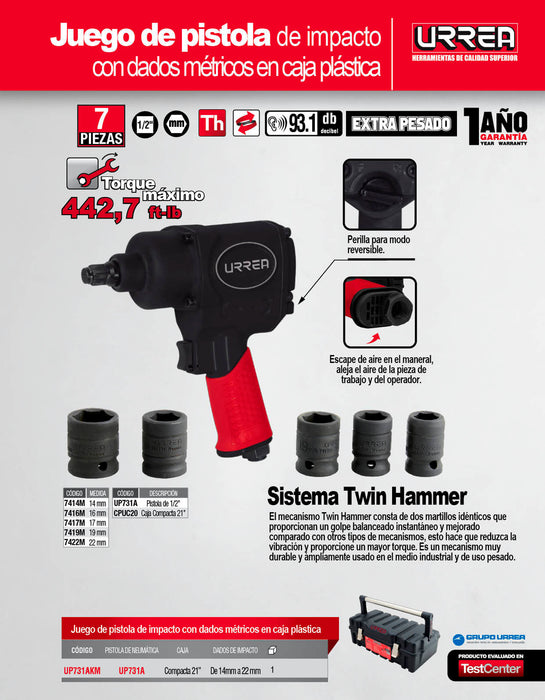 Juego de pistola de impacto neumática cuadro de 1/2" y accesorios métricos,7 piezas Urrea