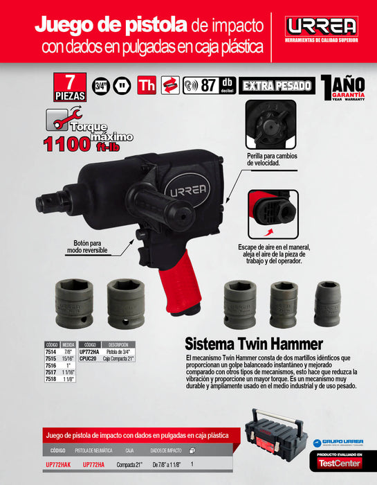 Juego de pistola de impacto neumática cuadro de 3/4" y accesorios en pulgadas, 7 piezas Urrea