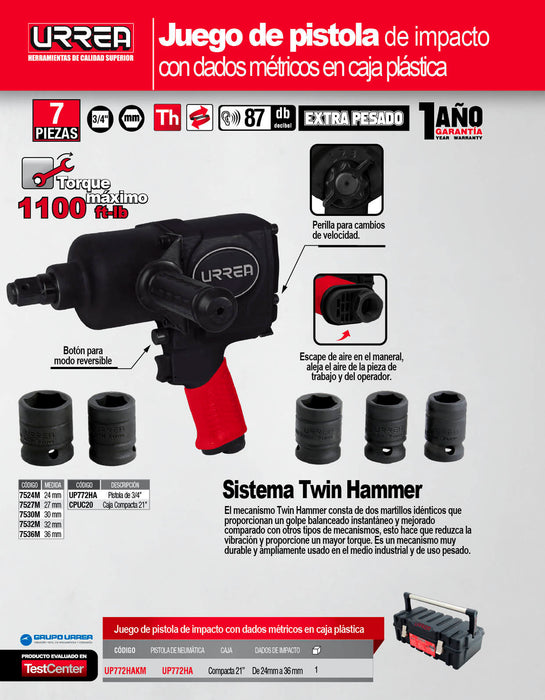 Juego de pistola de impacto neumática cuadro de 3/4" y accesorios métricos, 7 piezas Urrea