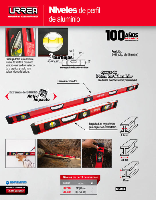 Nivel anti-impacto dual view 24" de aluminio Urrea