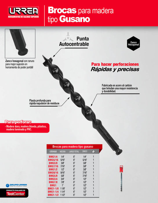 Broca para madera de acero al carbono tipo gusano 1/4" zanco de 1/4" Urrea