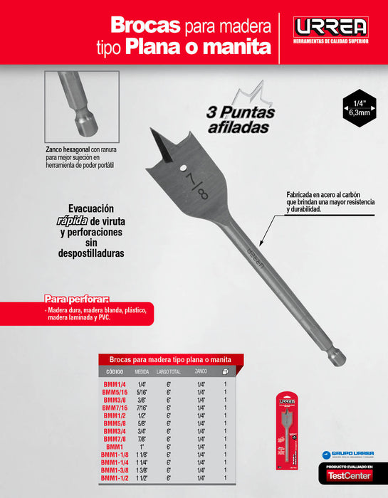Broca para madera de acero al carbono tipo manita 1/4" zanco de 1/4" Urrea