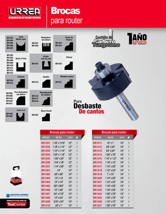 Broca para router de acero rebajadora con balero 1-1/4" zanco de 1/2" Urrea