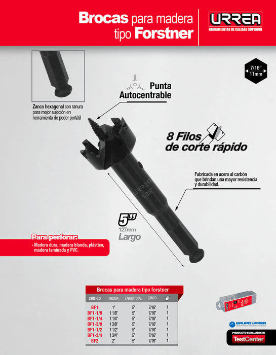 Broca para madera de acero forstner 1-1/4" zanco de 7/16" Urrea