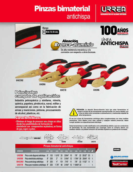 Pinza de bronce-aluminio antichispa con mango bimaterial de 8", punta larga Urrea