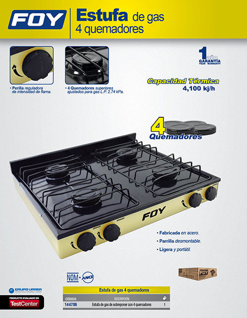 Estufa de gas 4 quemadores color beige Foy