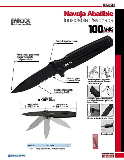 Navaja abatible de acero inoxidable hoja aserrada Urrea